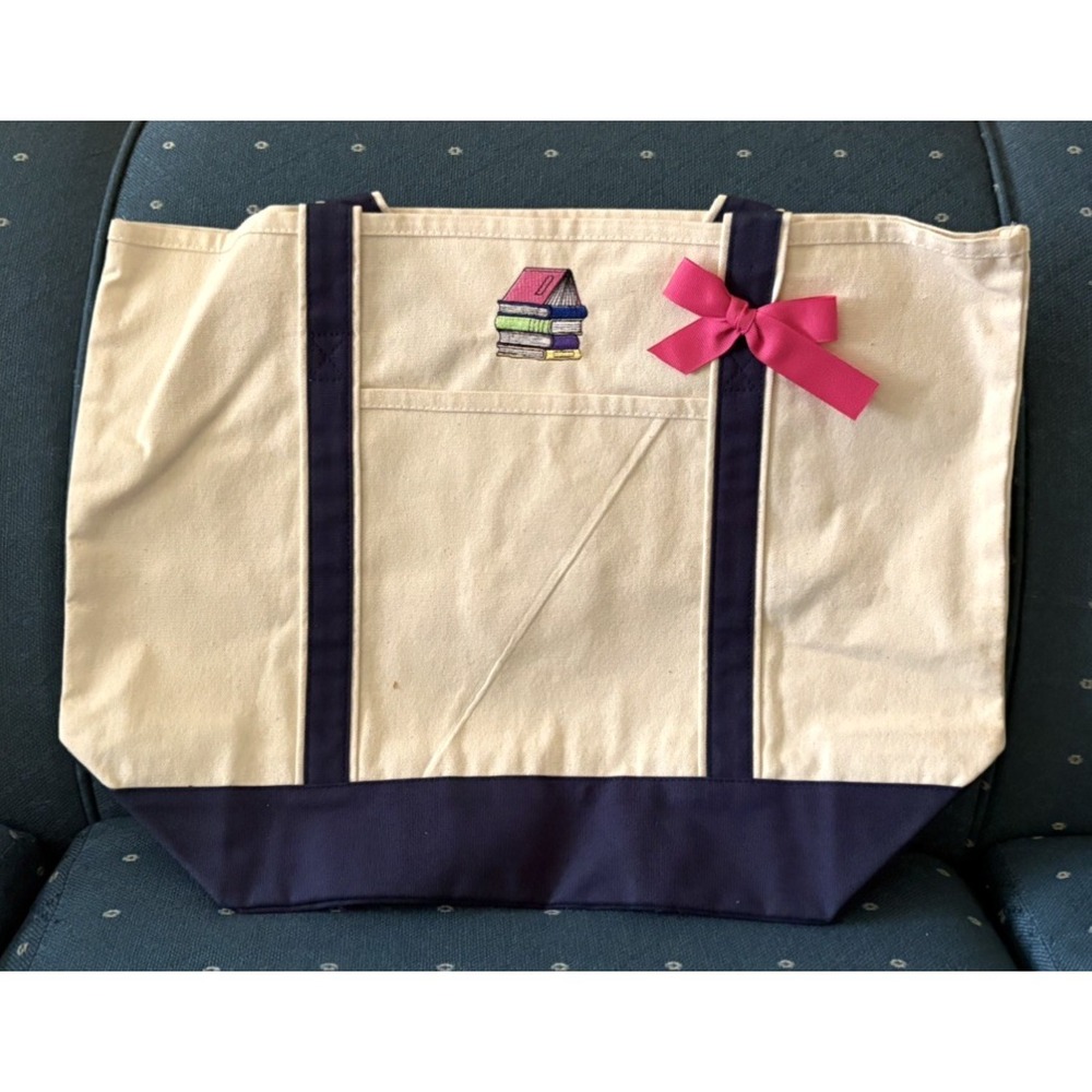 Book Lovers Tote! Large and Rugged Tote Bag with Books Embroidery and Ribbon - Picture 1 of 2